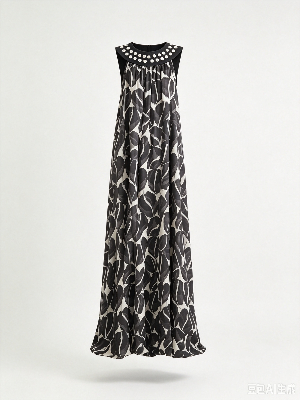 Thomas Wylde Sleeveless Black & White Leaf Print Maxi Dress